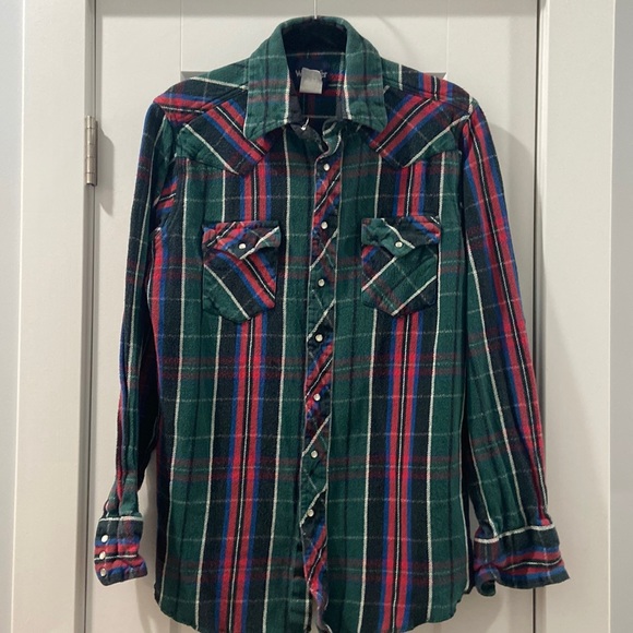 Vintage Wrangler western thick flannel Pearl snap button down men's large tall - Picture 1 of 11